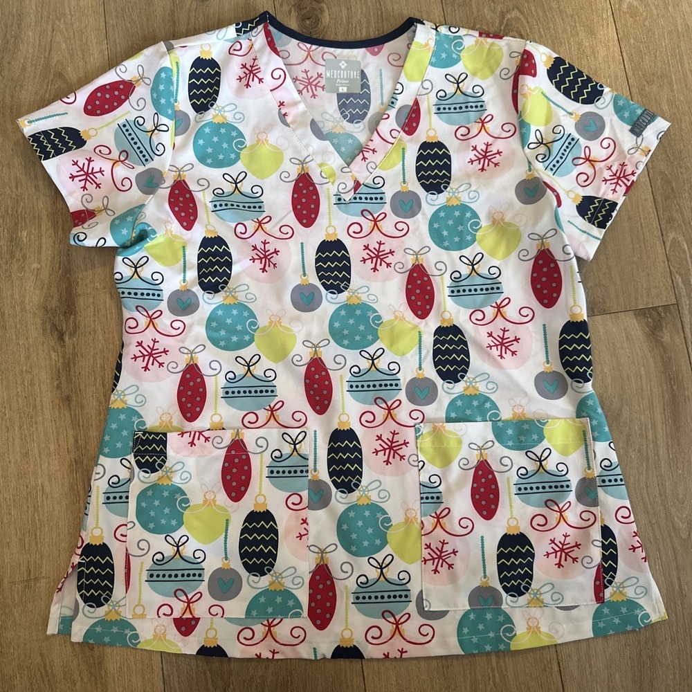 Women's Christmas Bulb Print Med Couture Scrub Top‎ Large Multicolor